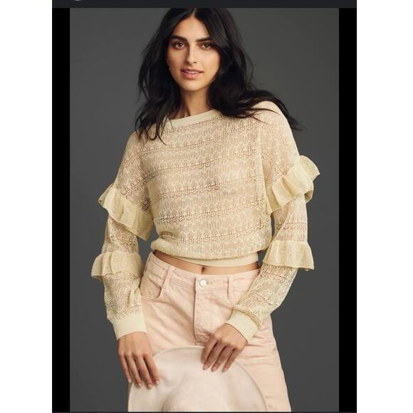 By Anthropologie Sheer Open-Stitch Ruffle XL Pullover Sweater Cream Fairycore - Picture 2 of 12